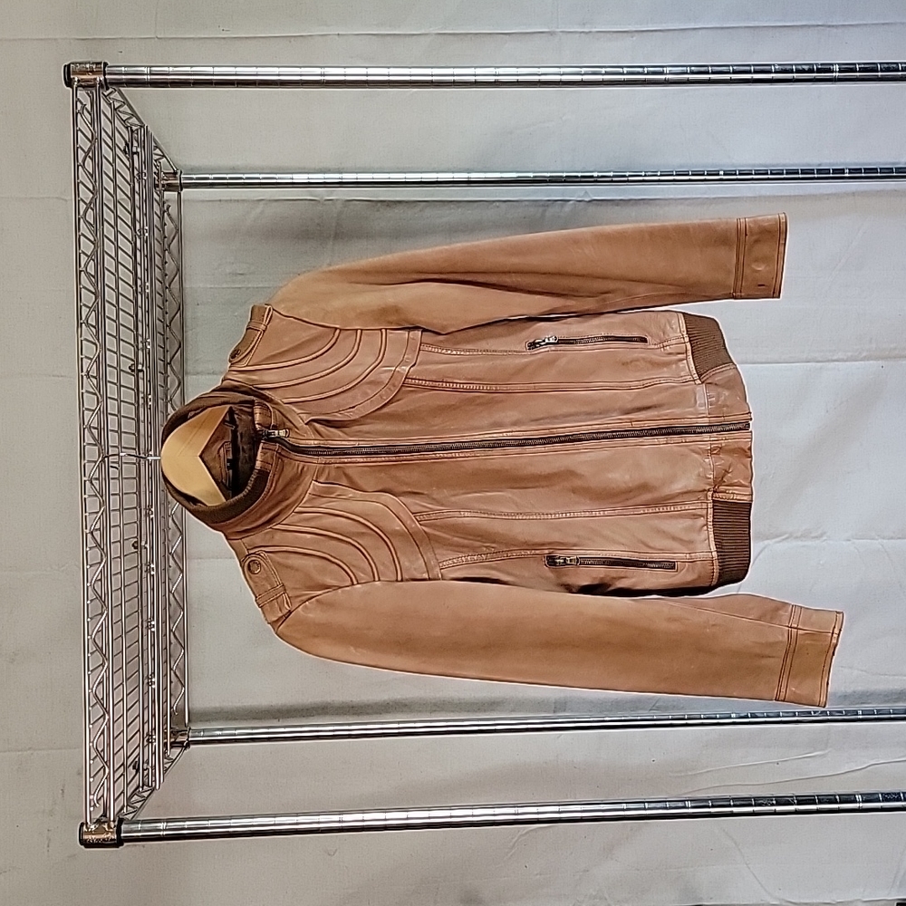 Guess Los Angeles Tan Real Leather Moto Jacket Size Medium Women's